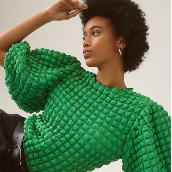 Anthropologie Green Textured Blouse with Puff Sleeves - Picture 2 of 3